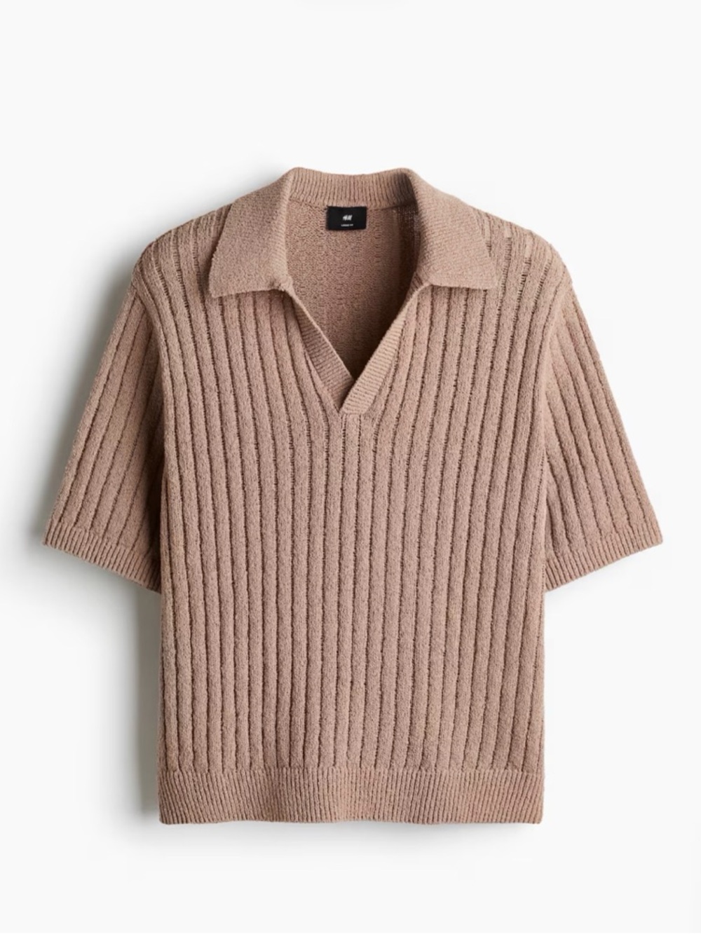 H&M Men’s V-Neck Ribbed Short-Sleeve Sweater in Dark Beige